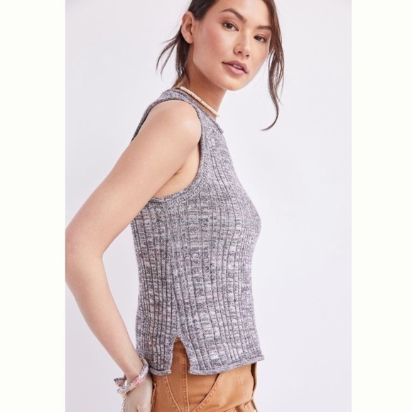NWT Anthropologie Pilcro Knit High Neck Ribbed Wool Silk Blend Tank Top Grey - Picture 2 of 10